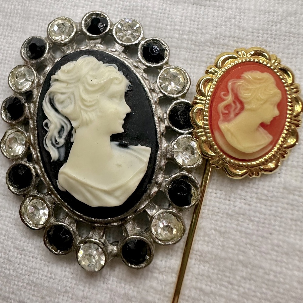 Vintage Cameo Set Black encircled by Rhinestones 1 5/8” Coral stick pin 3” long